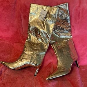 ZARA GOLD Metallic knee high - heeled boots. Brand New. Size 10 VERY STUNNING!!